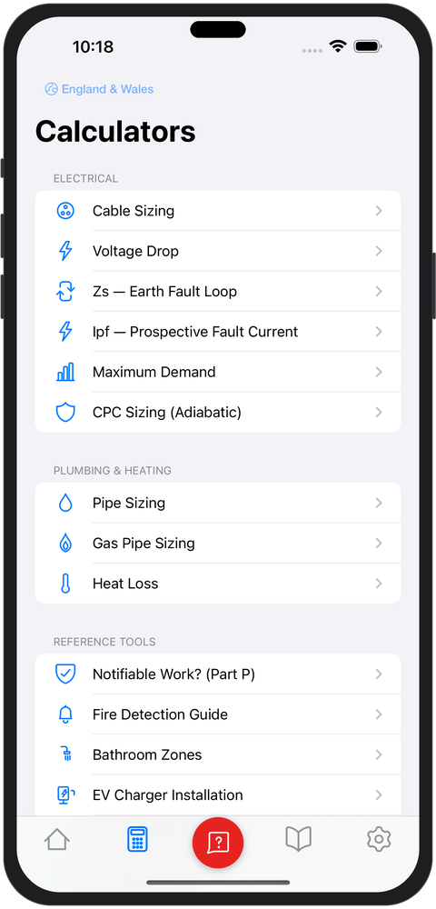 Full list of trade calculators including cable sizing, voltage drop, and Zs