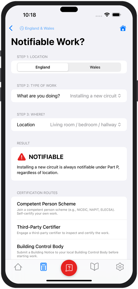 Part P notifiable work checker showing result