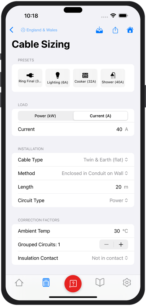 Cable sizing calculator input form with Shower 40A preset selected