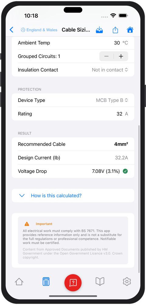 Cable sizing result showing 4mm² recommendation for EV charger with 3.1% voltage drop pass