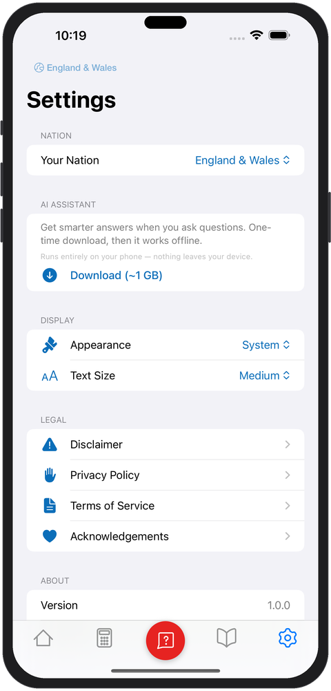 Settings screen showing nation selector and app preferences